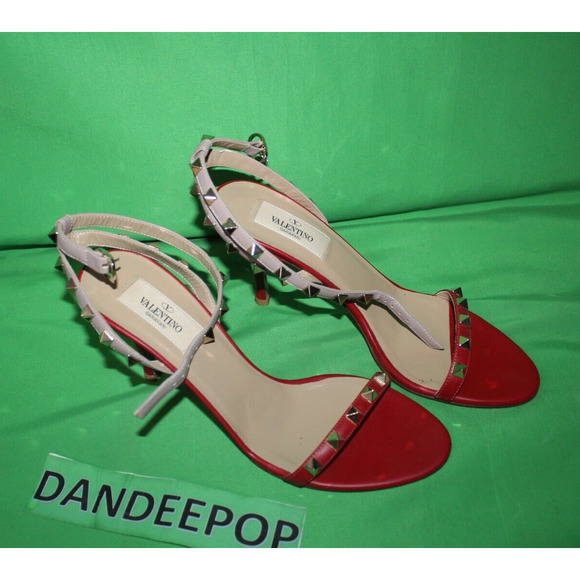 Valentino Garavani Gold Rockstud Red Calfskin Leather Sandal Heels Size 37 - Picture 3 of 11